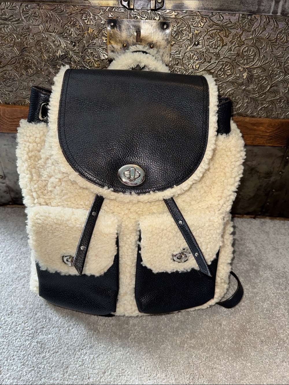 Coach Turn-lock Shearling Backpack in Black Pebble Leather